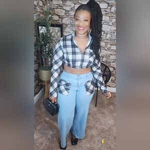 Plaid Cropped Jacket and Light Blue Jeans